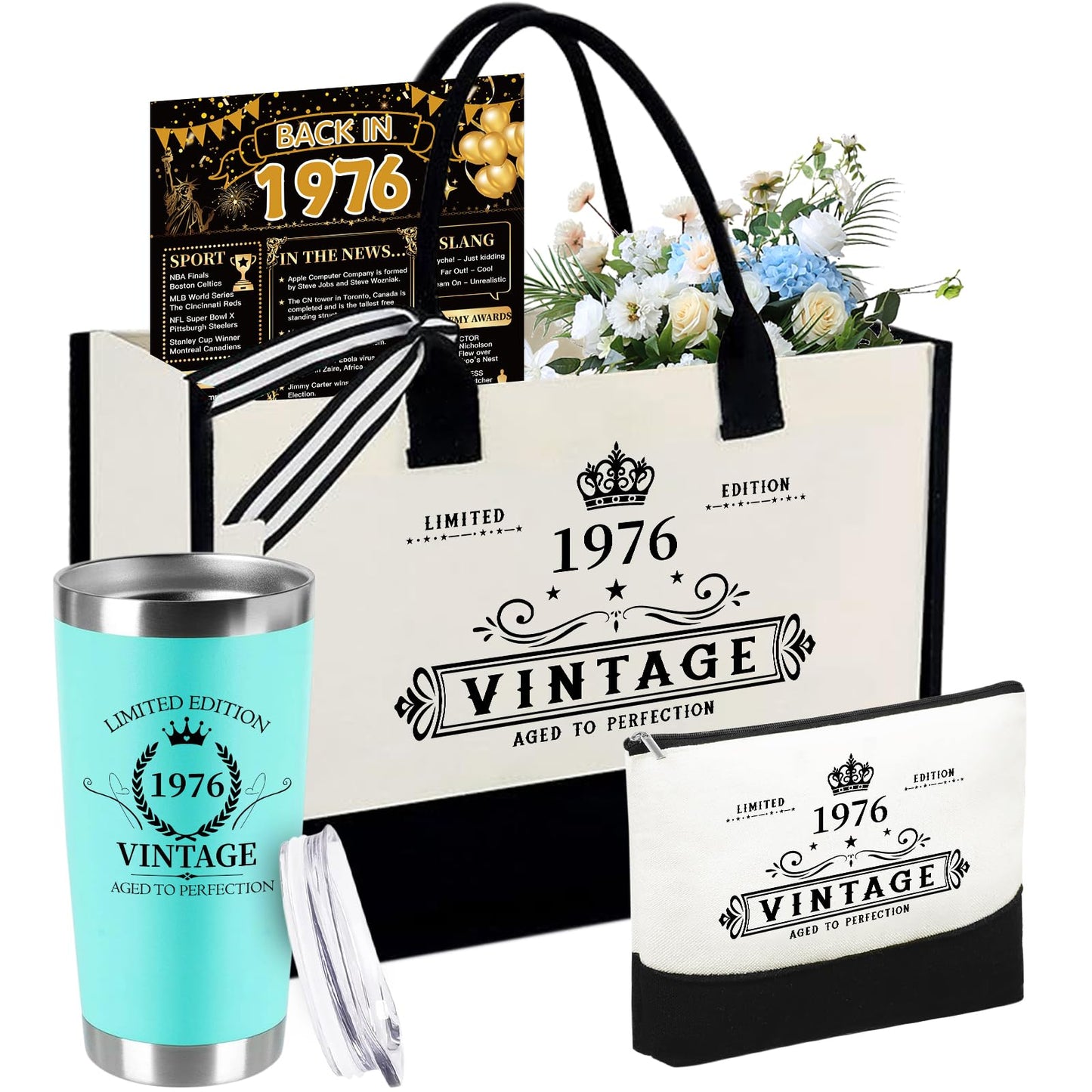 TrophyToast 50th Birthday Gifts for Women Her- 4 pcs, Turning 50 Year Old Gifts, Decorations Canvas Beach Tote Bag & Makeup Bag, Unique Happy 50th Present for Her Mom Wife Friends