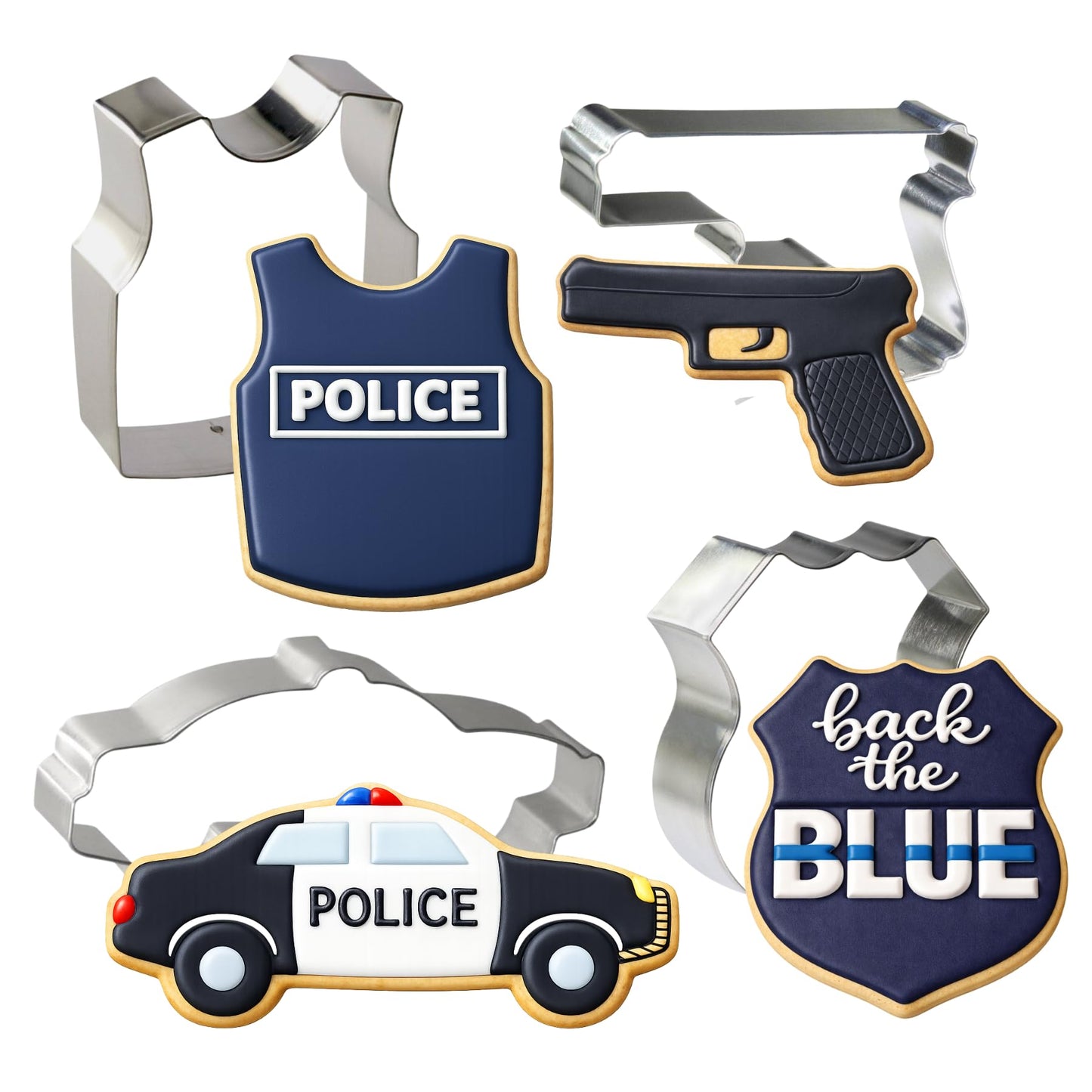 Foose Cookie Cutters Police 4 Piece Set - 4.25 in Police Badge, 4 in Police Car, 4 in Hand Gun, 3.5 in Bullet Proof Vest, Hand Made in the USA