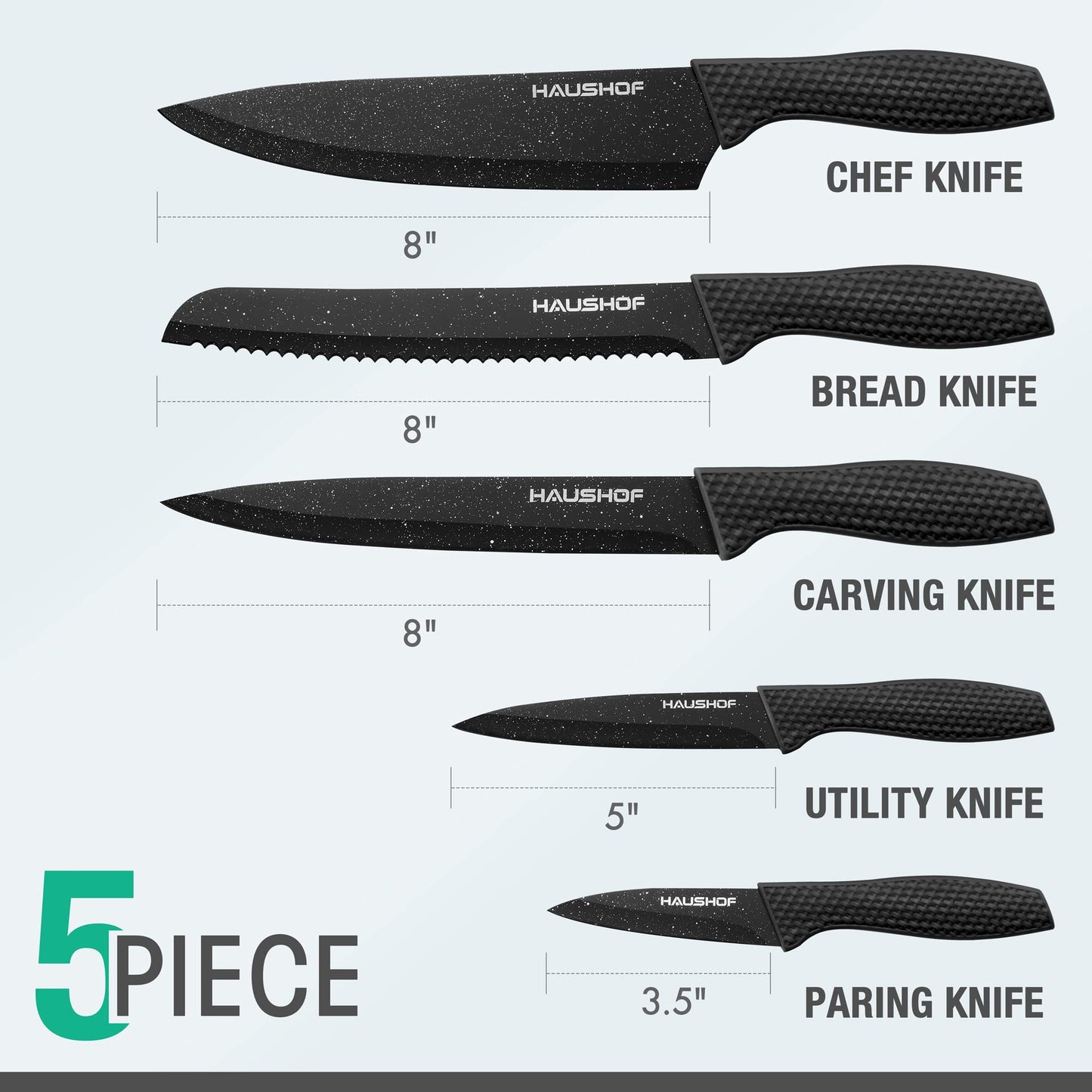 HAUSHOF Kitchen Knife Set, 5 PCS Knife Sets with Arcylic Block, Teflon Coated Black Knives Set for Kitchen, Premium Stainless Steel Knives Set with Ergonomic Handle, Great for Slicing, Dicing&Cutting