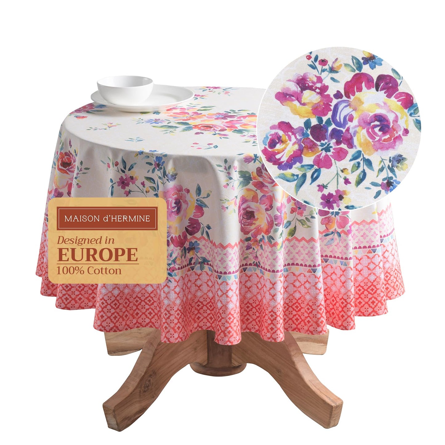 Maison d' Hermine Table Cloth Round Table 100% Cotton 69 Round Inches Tablecloth Reusable Decorative for Dining Kitchen Room Farmhouse Home Gifts for Mothers Day Spring Summer - Rose Garden
