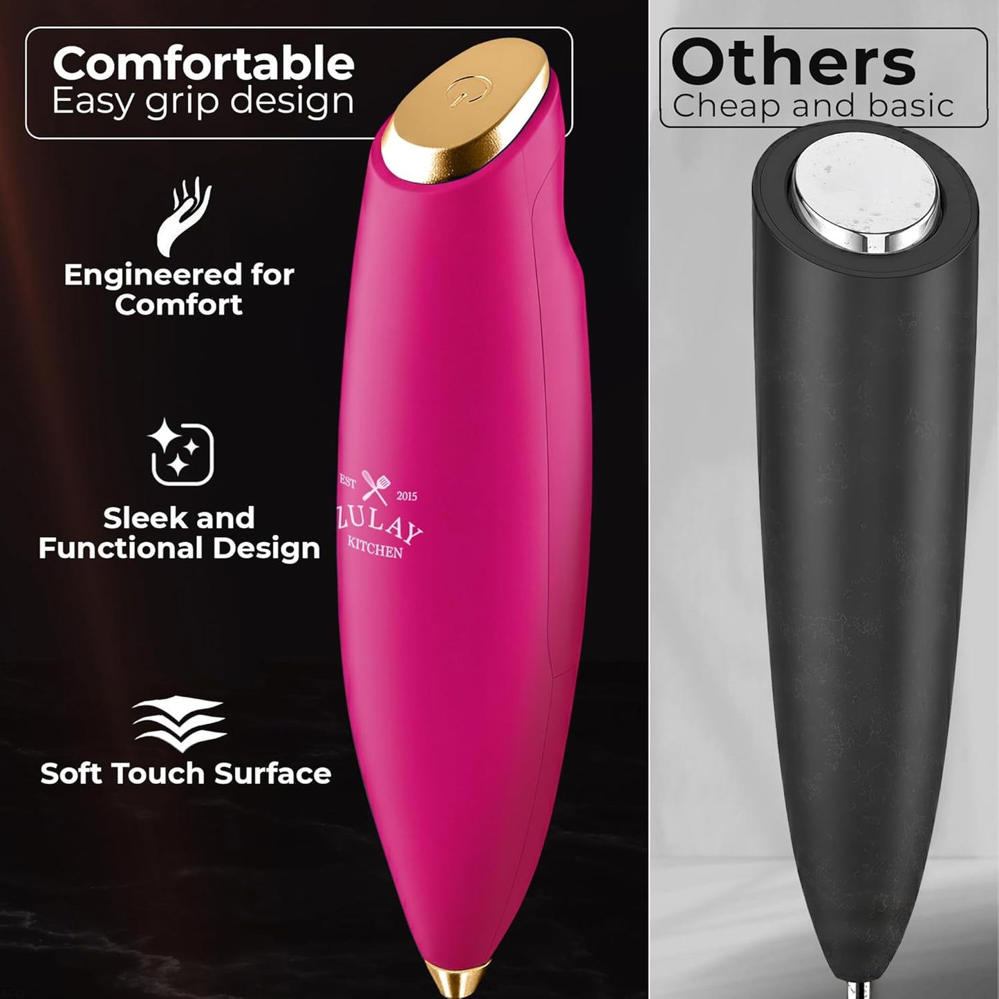 Zulay Kitchen Tornado Triple Whisk Milk Frother - Handheld Foam Maker for Coffee & Lattes - Pink & Gold