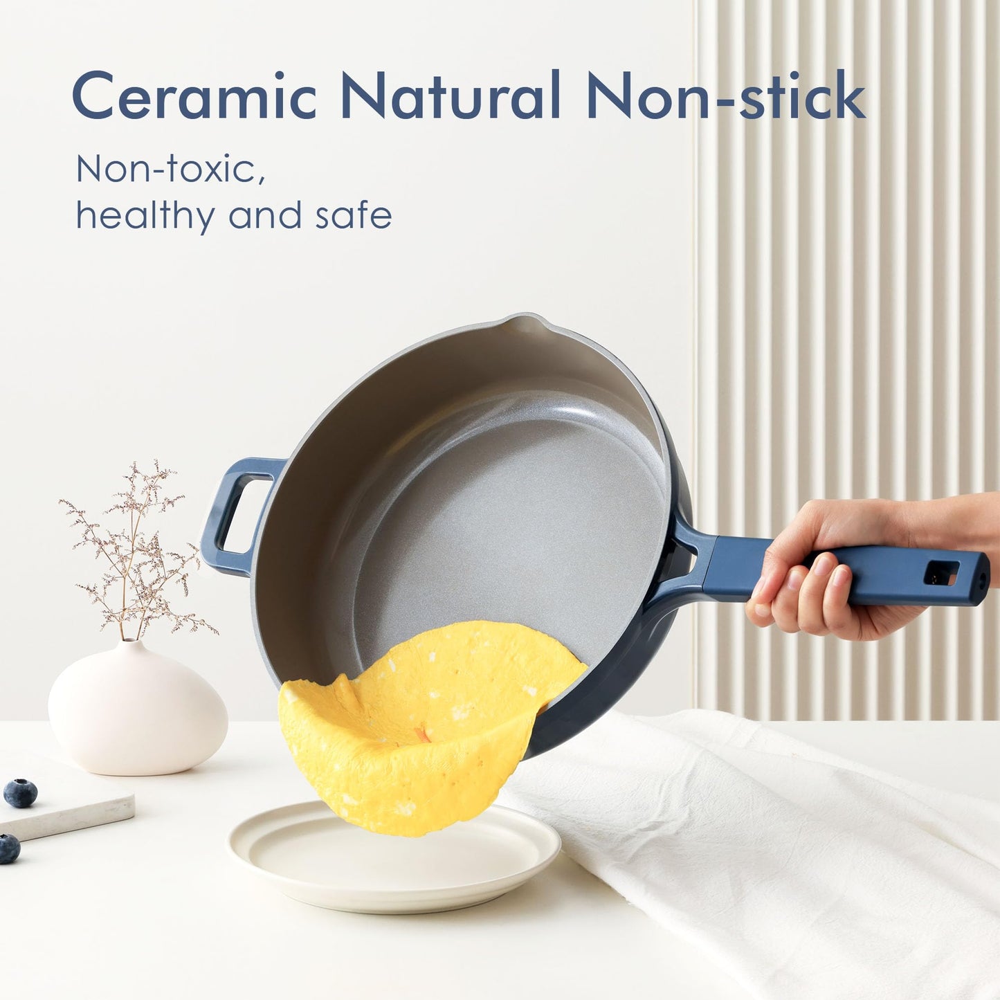 SENSARTE Ceramic Cookware Set Non-toxic 14 Pcs, Nonstick Pots and Pans Set, Dishwasher Safe Induction Cookware, Healthy Kitchen Cooking Set w/Die-cast Lids, PFOA/PFAS/PTFE Free