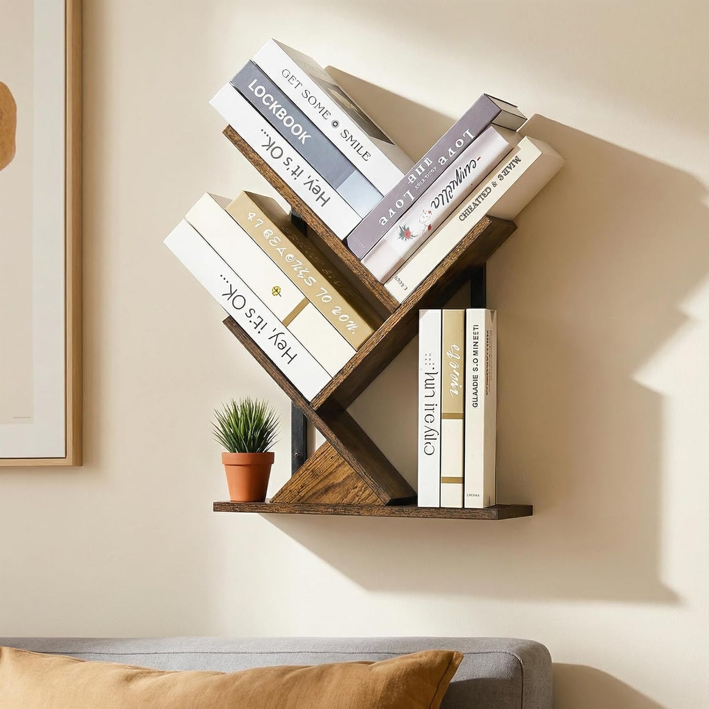 Rustic Brown & Black 3-Tier Tree Book Shelves | Unique Wall-Mounted Floating Bookshelf Organizer