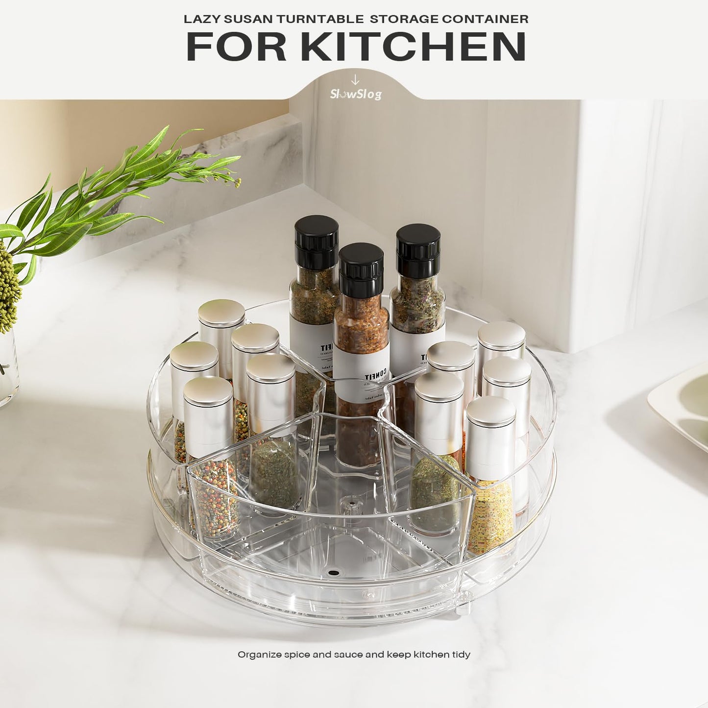 Slow Slog 2 Pack Lazy Susan Organizer, 9 inch Rotating Storage Organizer with 4 Removable Bins, Lazy Susan Turntable Organizer for Fridge, Kitchen, Vanity, Cabinet