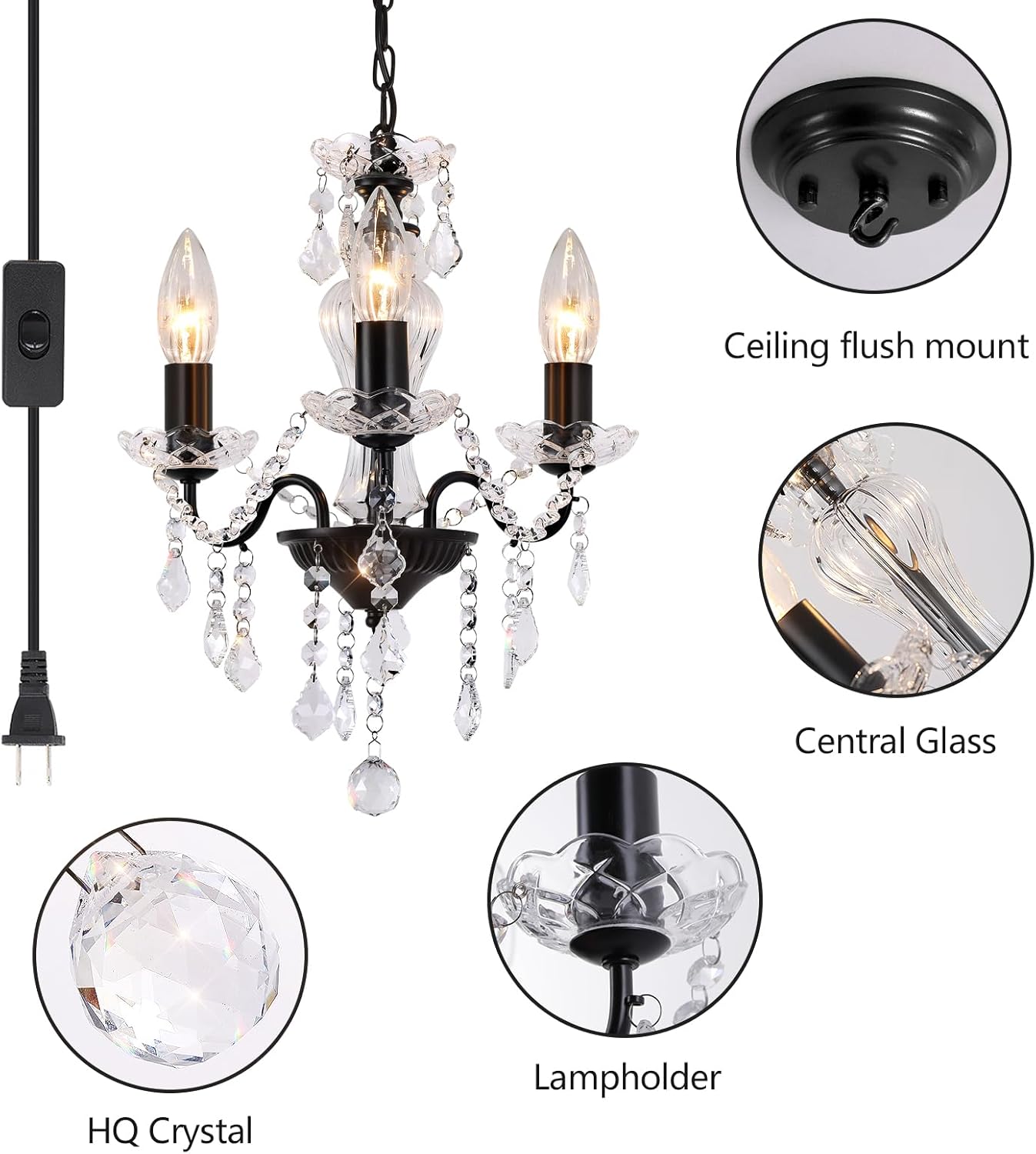 Plug in Modern 3-Light Gold Chandelier with Glass Crystals, Candle Style Pendant Light Fixtures for Living Room, Girls Room, Kitchen Island, Entryway