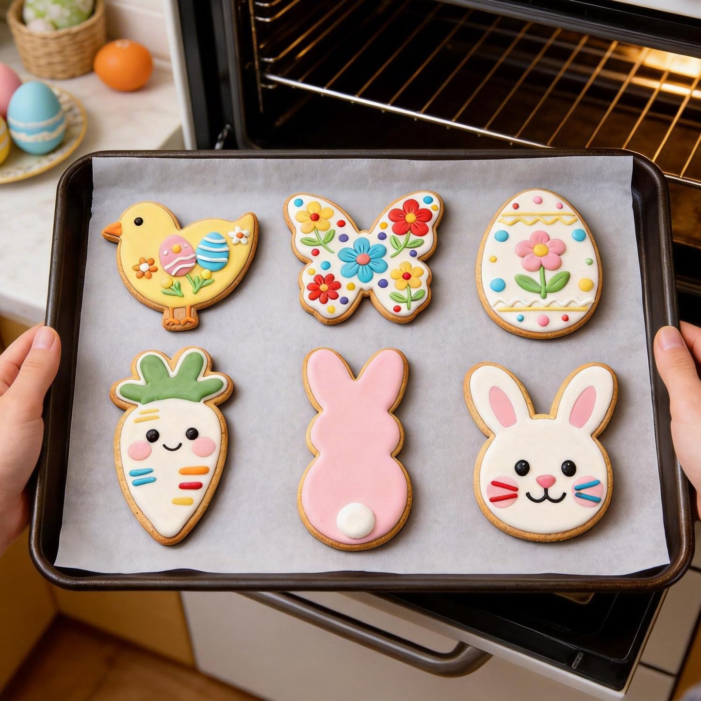 6Pcs Large Easter Cookie Cutters for Kids, 4'' Bunny Head, Egg, Chicken, Rabbit, Carrot, Butterfly Shapes, Metal Biscuit Molds for Easter Spring Holiday Themed Baking Supply
