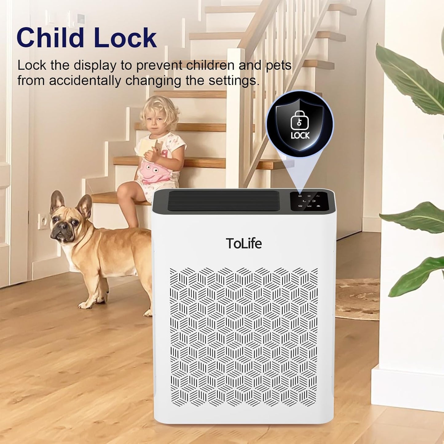 Tolife Air Purifier - Large Room Air Cleaner for Home | Washable Filter, Sleep Mode, Up to 1095 Ft², White