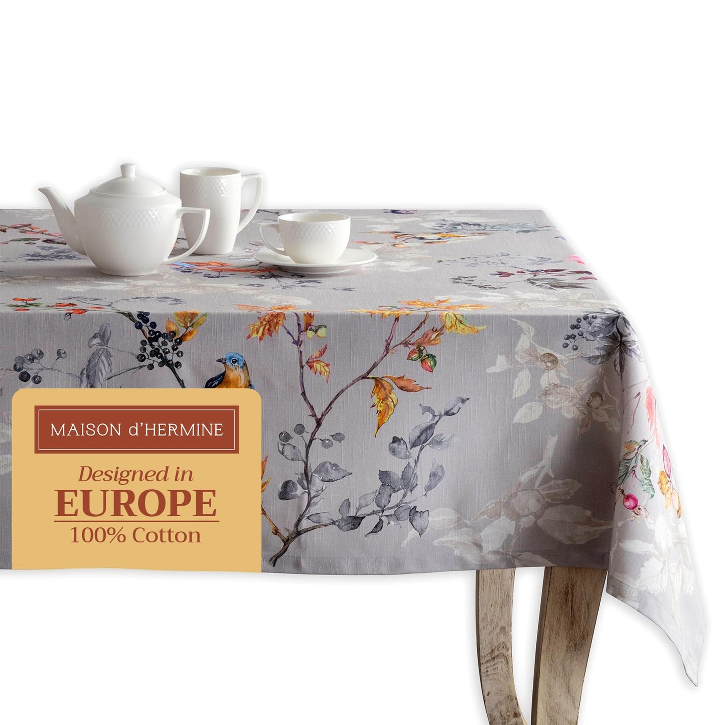 Maison d' Hermine Table Cloth Rectangle Table 100% Cotton 70 x 140 Inches Fall Tablecloth Reusable Everyday Use for Thanksgiving Christmas Decorations Dining Farmhouse Party (Equinoxe - Grey)