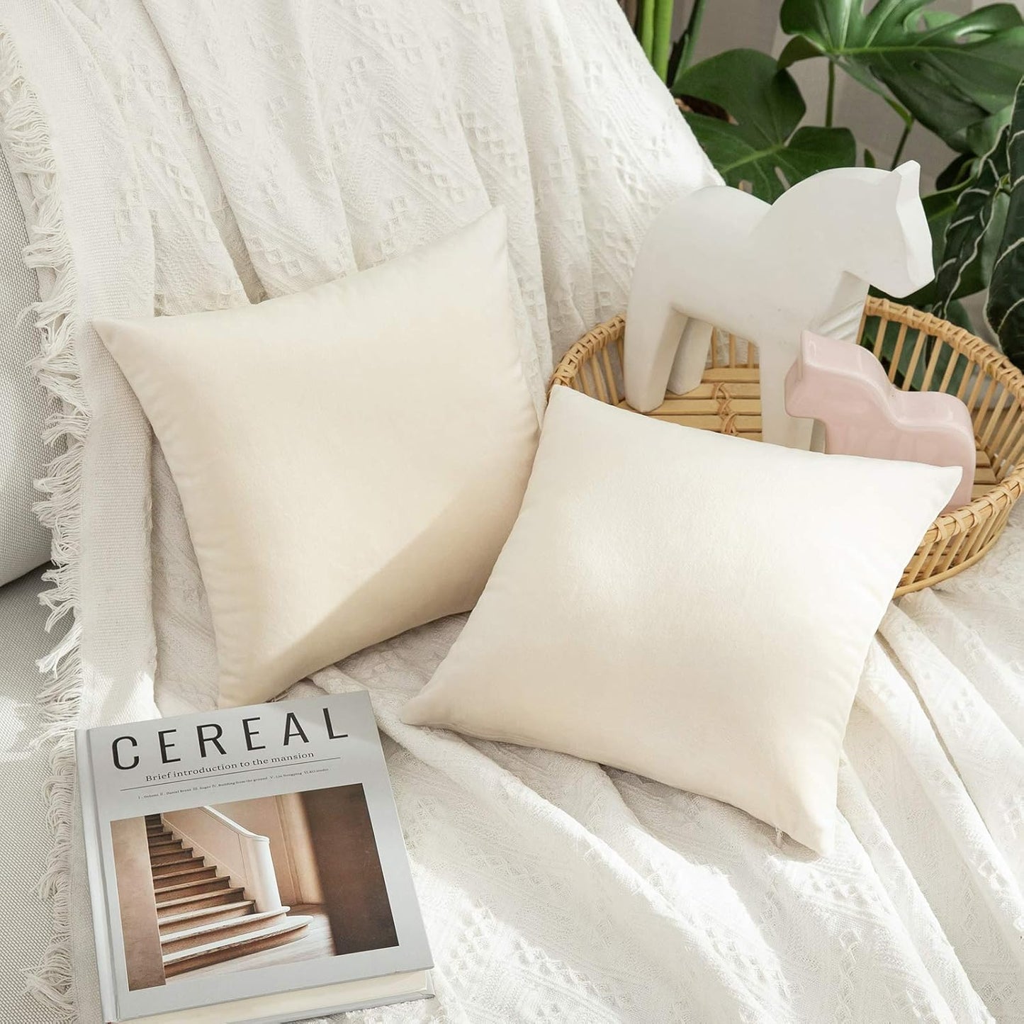 MIULEE Velvet Throw Pillow Covers - Soft Cream White Decorative Cushions, 12x12 Inch, Set of 2 for Modern Home Decor