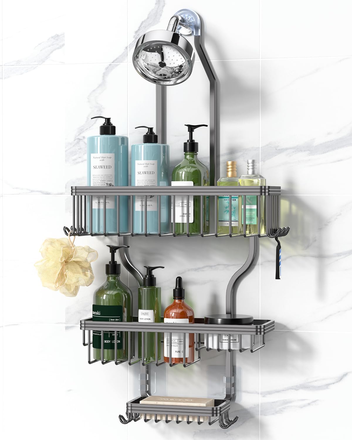 YASONIC Shower Caddy - Rustproof Aluminum Organizer with 10 Hooks & Soap Basket - Grey