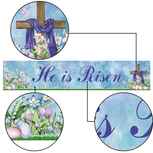 He is Risen Fence Banner Easter Christian Cross Lily Eggs Religious Party Photo Booth Backdrop Yard Outdoor Decoration