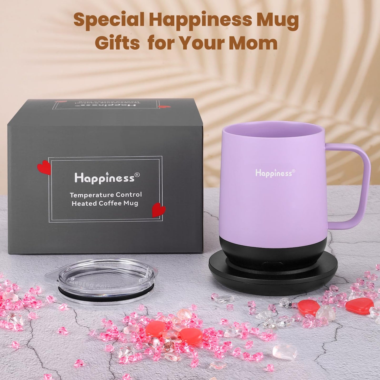 Happiness Smart Heated Coffee Mug,12oz Rechargeable Electric Self Heating Temperature Control Coffee Cup,Gifts for Mom Dad Grandma Wife