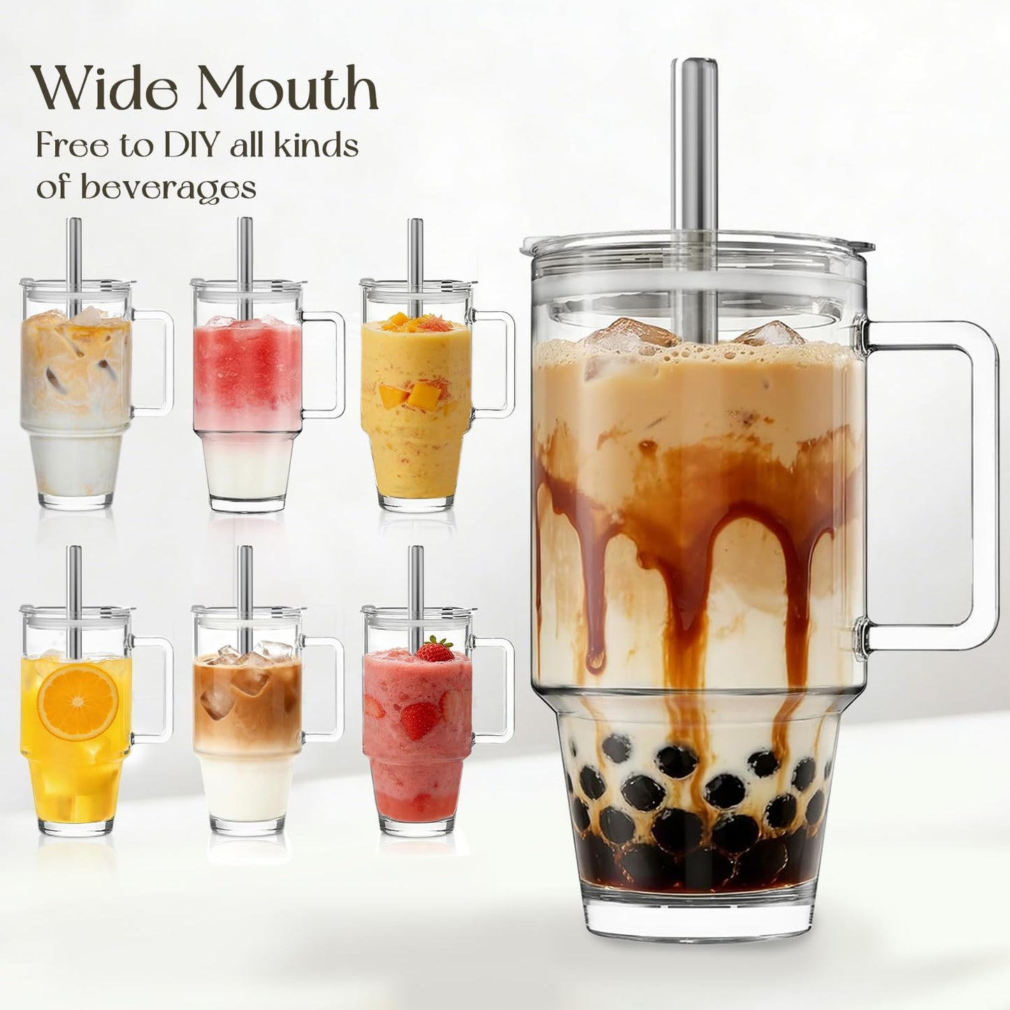 KEMORELA 24oz Clear Glass Tumbler with Handle, Lid & 13mm Stainless Steel Straws,2 set–Wide-Mouth Reusable Glass Cups for Cold & Hot Drinks, Ideal for Boba,Smoothies, Iced Coffee & Juice, Travel Cup