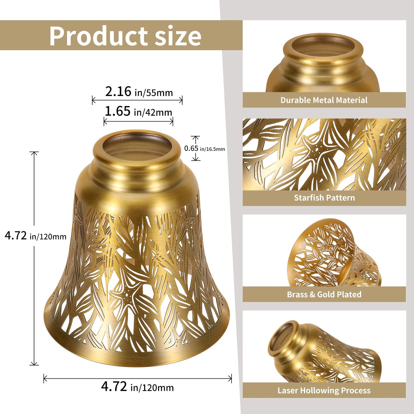 Pendant Light Shades, 4 Pack Ceiling Fan Light Shade Replacements with 1-5/8" Fitter, ALUCSET 4.72" Height 4-3/4" Diameter, Metal Bell Shaped Cover for Chandelier Wall Sconces,Yellow Brass&Gold Plated