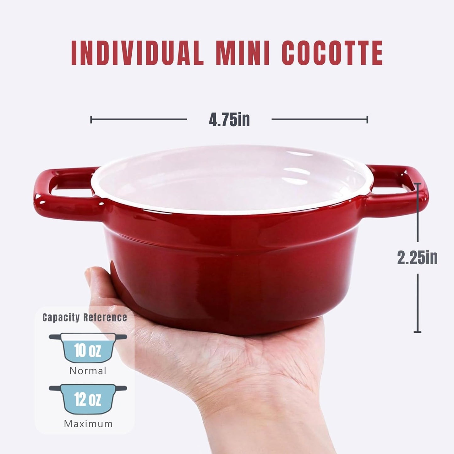 Lareina Mini Cocotte - 12oz Ceramic Casserole Dishes with Handles & Lid | Set of 4 - Red, Oven & Microwave Safe