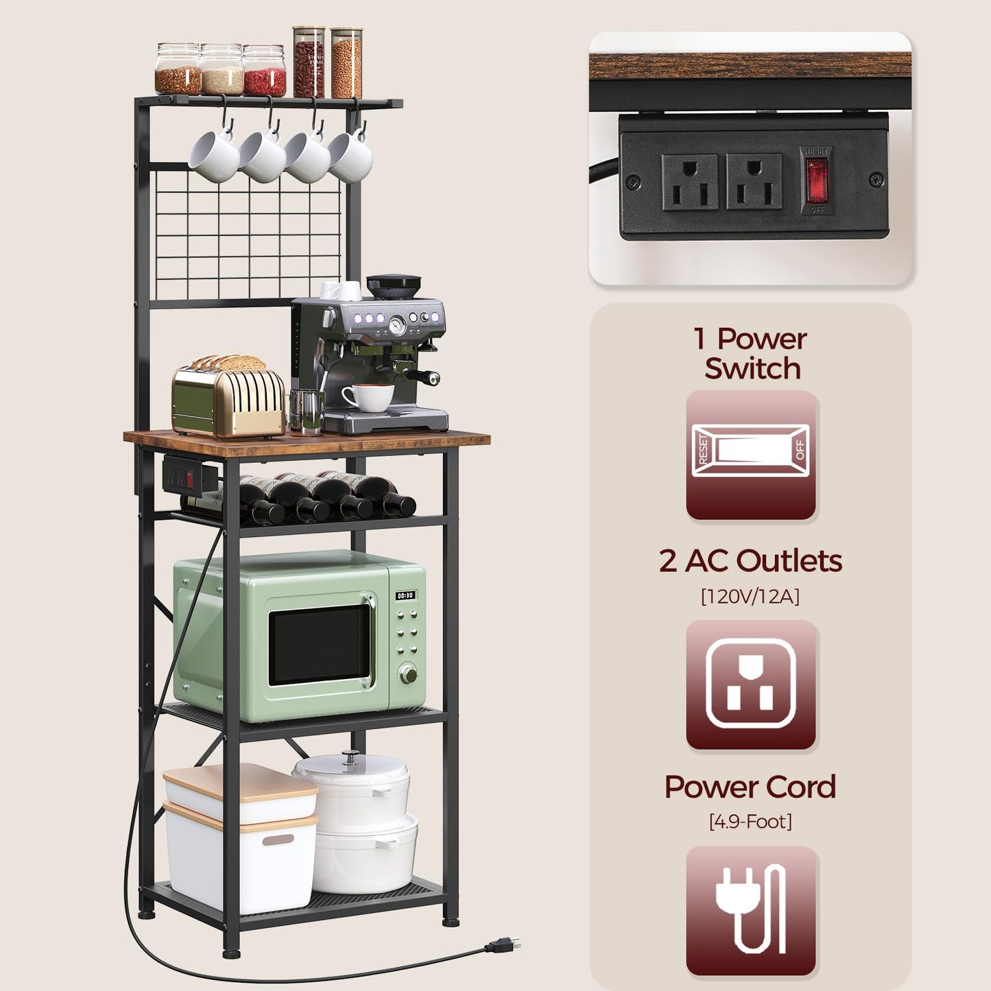 MAHANCRIS Bakers Rack with Power Outlet, Coffee Bar Station with Wine Rack, Bakers Racks for Small Spaces, Microwave Stand for Kitchen, Rustic Brown and Black BRHR23E01