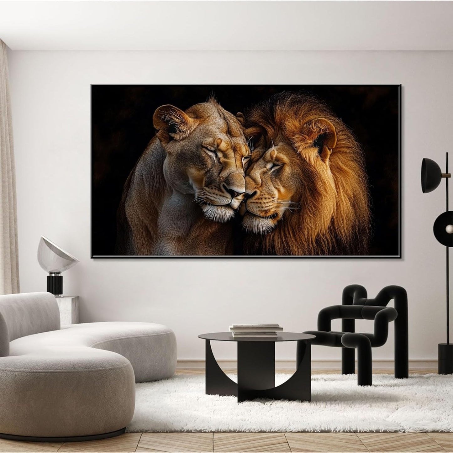 Lions Canvas Wall Art - Romantic Loving Lions Couple | African Wildlife Gold Framed (48"x27")