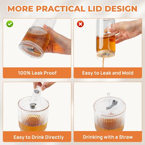 4 Pack 20 Oz Glass Cups with Lids and Straws Iced Coffee Cups Vintage Ribbed Glassware for Beer Ice Coffee Fruit Juice Elegant Aesthetic Cup Glass Iced Coffee Tumbler Include 2 Cleaning Brushes