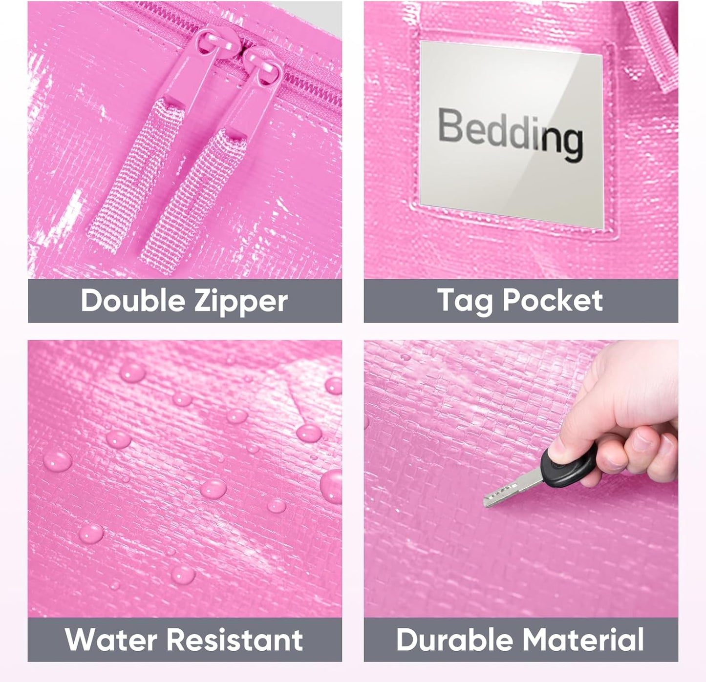 TICONN Extra Large Heavy-Duty Moving Bags - Durable Storage with Zippers & Handles | 6 Pack, Pink