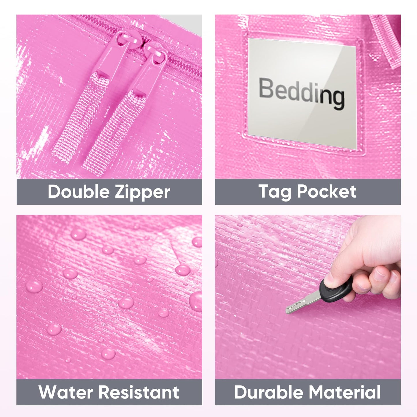 TICONN 6 Pack Extra Large Moving Bags Heavy Duty with Zippers & Carrying Handles, Durable Storage Bags Moving Boxes for Closet Organizers and Storage (6 Pack, Pink)