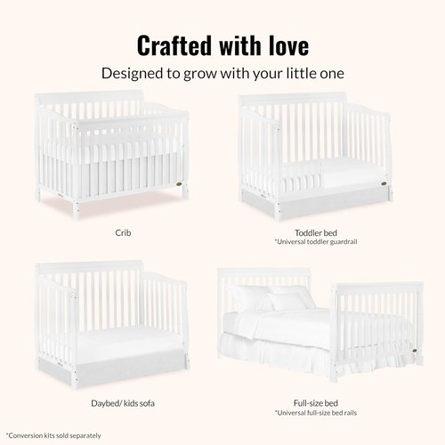 Dream On Me Ashton 4-in-1 Convertible Baby Crib - Sustainable Pinewood, White Finish, 4 Mattress Heights