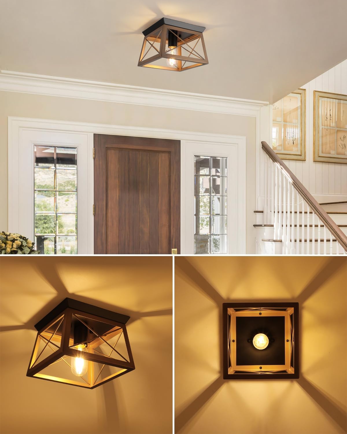 Farmhouse Flush Mount Ceiling Light Oak White Ceiling Light Fixtures 2-Light Industrial Vintage Metal-Framed Ceiling Lighting for Hallway Foyer Kitchen Dining Room Bedroom Living Room Laundry