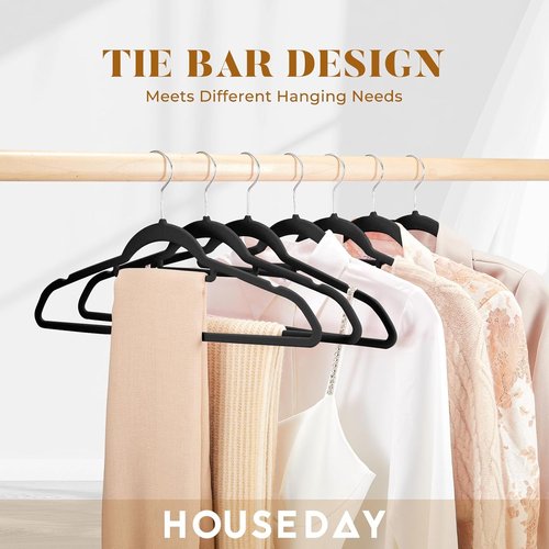 HOUSE DAY Velvet Hangers - 20 Pack Non-Slip Slim Felt Hangers with Tie Bar & 360° Swivel Hook | Elegant Black