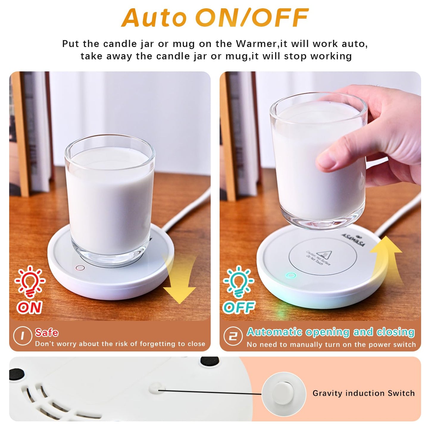 ASAWASA Smart Candle Warmer for Large Jar, Coffee Mug Warmers, with Gravity Switch Auto Shut-On/Off, Safely and evenly Release The Aroma, Keep The Drink at a Pleasant Temperature, A Thoughtful Gifts