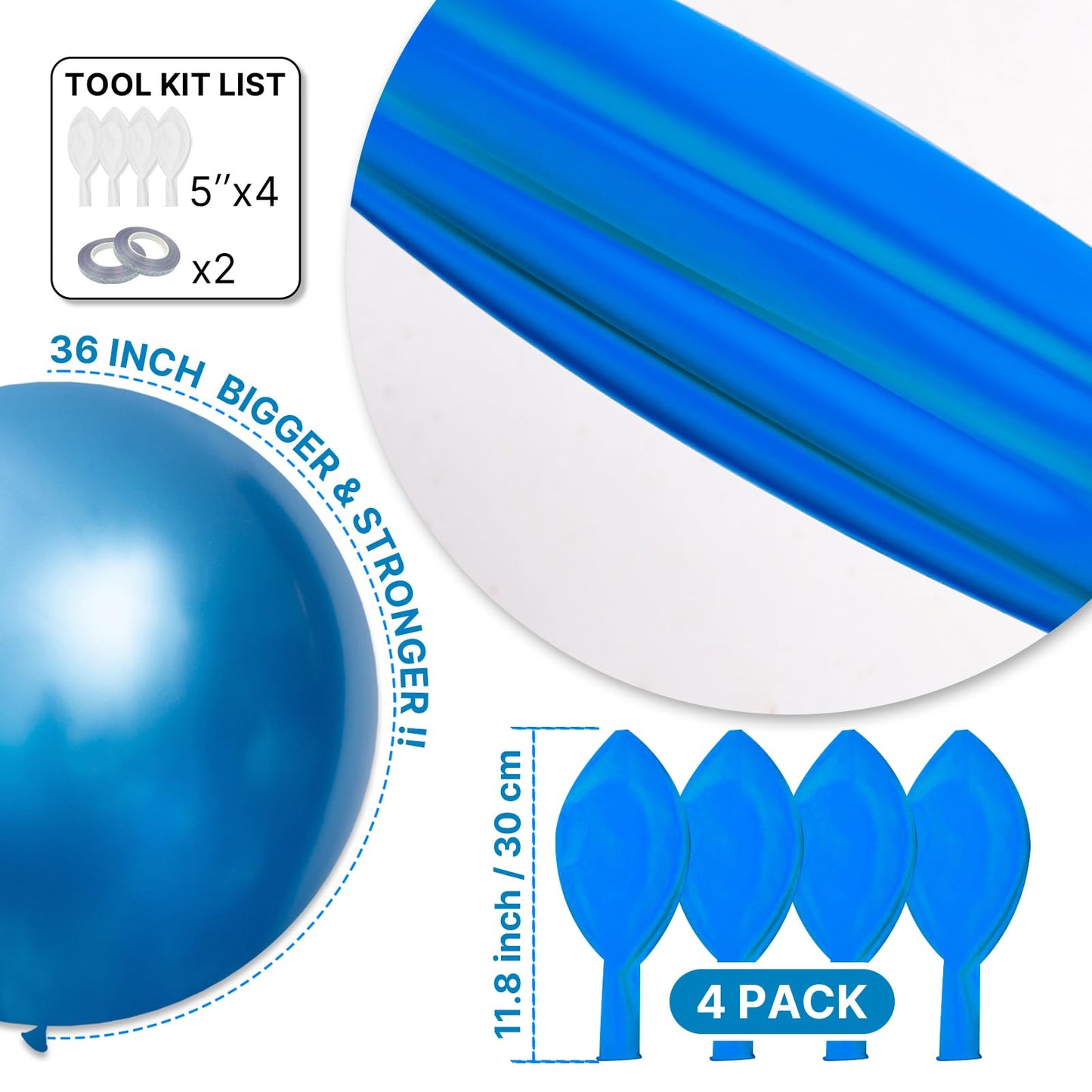 PartyWoo Metallic Blue Balloons 4pcs 36 Inch Chrome Blue Latex Helium Balloons for Graduation Wedding Baby Shower Engagement Baby Shower Wedding Bachelorette Birthday Party Decorations Blue-G106