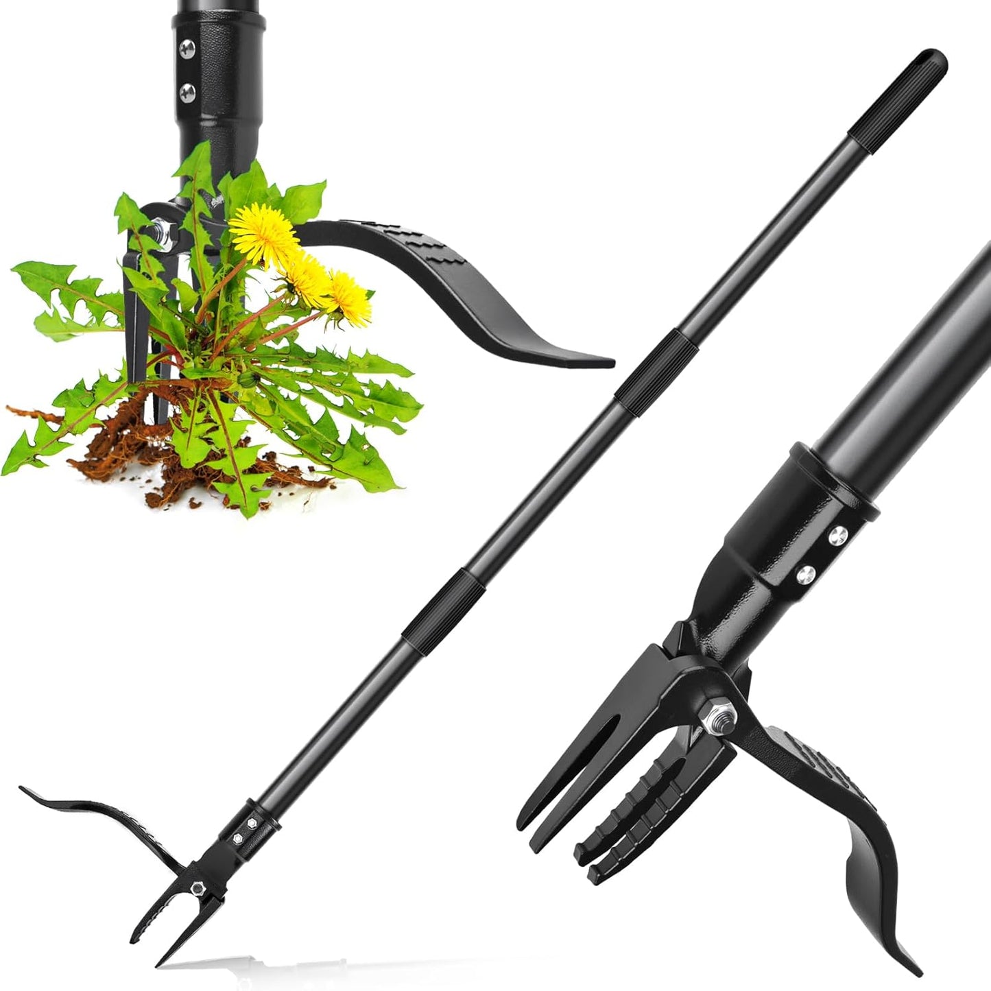 Skiennix 4-Claw Steel Weed Puller Tool - Heavy Duty 46” Stand Up Weeder for Easy Weed Removal (Black)