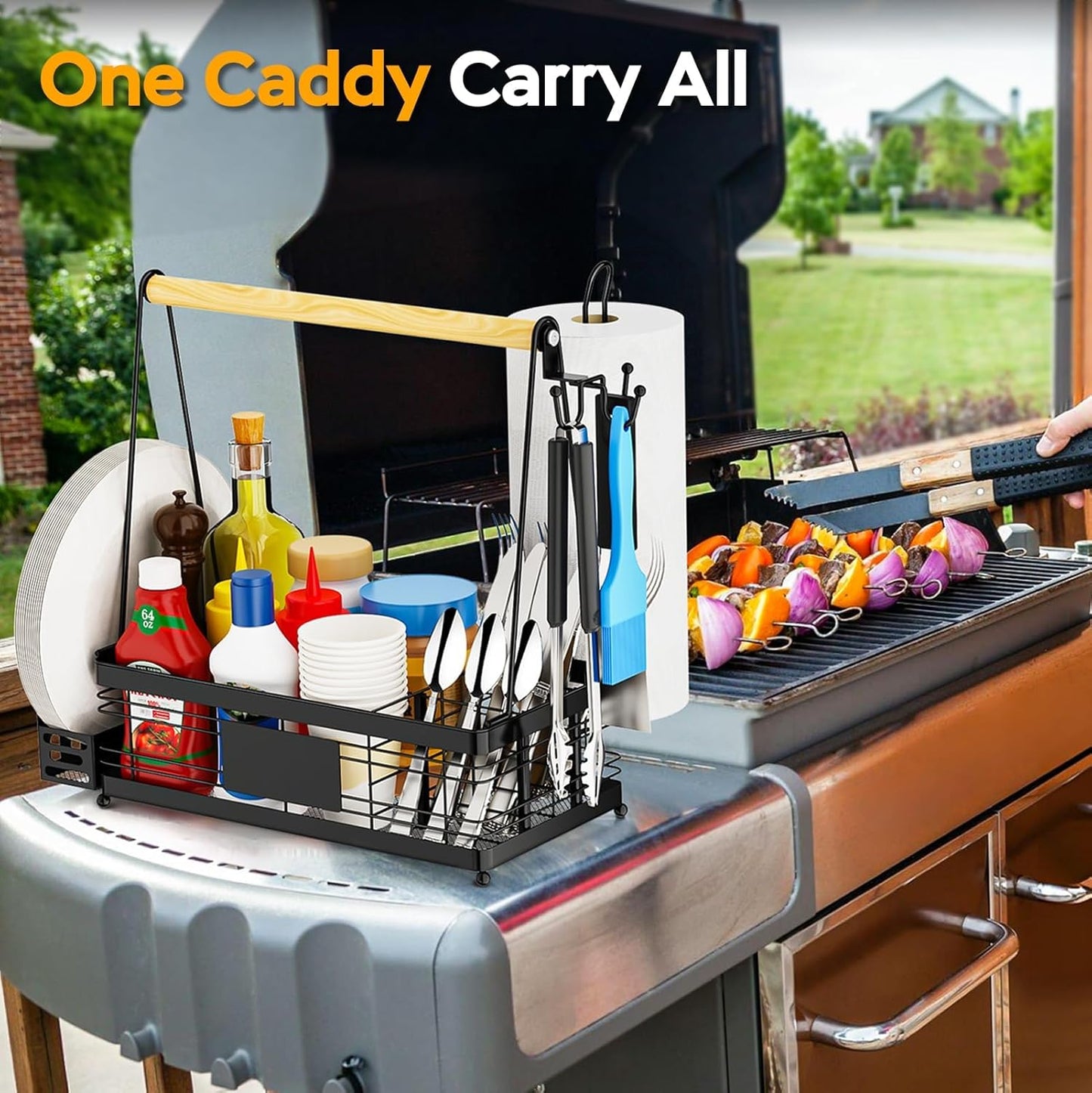 Skiennix Grill Caddy - BBQ Condiment Organizer with Plate & Paper Towel Holder | Essential for Outdoor Cooking