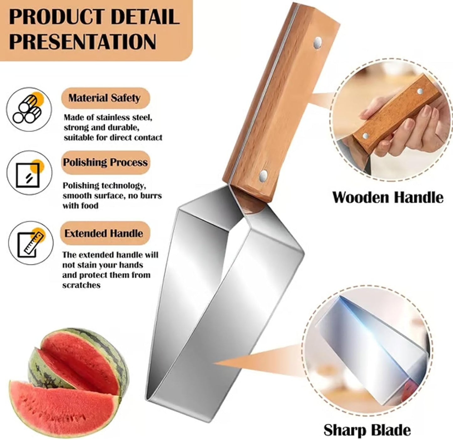 Skiennix Watermelon Cutter - Stainless Steel Slicer with Wooden Handle | Perfect Kitchen Gadget (1pc)