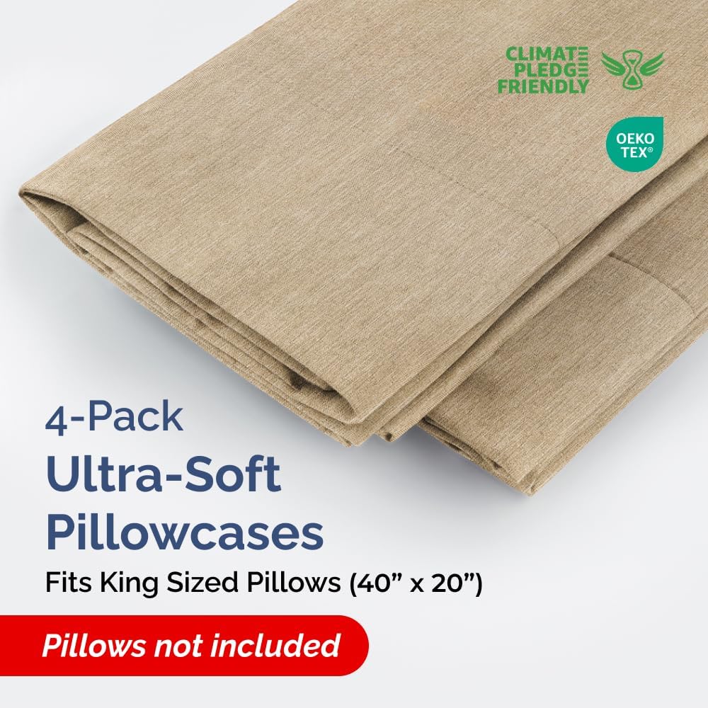 King Pillow Cases by [Brand Name] - Ultra Soft Hotel Quality Covers | Wrinkle-Free & Fade Resistant - 4 Piece Set in Heathered Tan