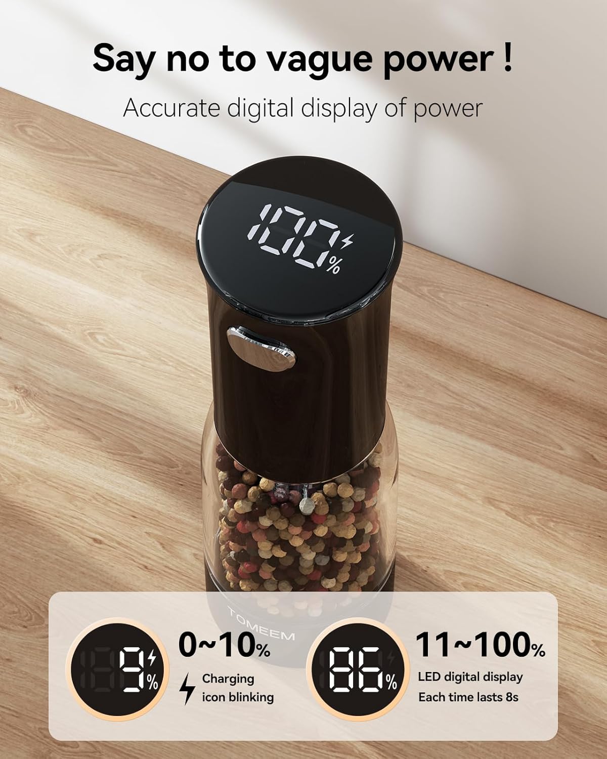 TOMEEM Electric Salt and Pepper Grinder Set - Rechargeable with LED Indicator & 5-Level Grinding | 4.5oz Capacity