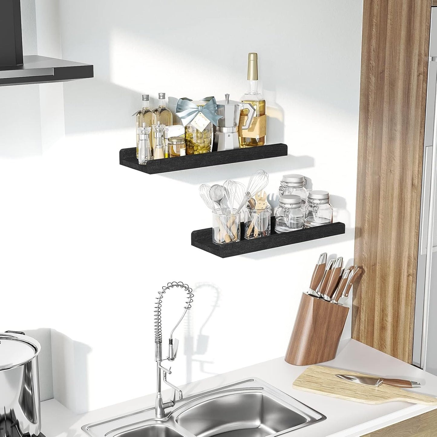 Love-KANKEI Floating Wall Shelves - Set of 2 Rustic 17-Inch Wood Shelves for Home Storage | Black