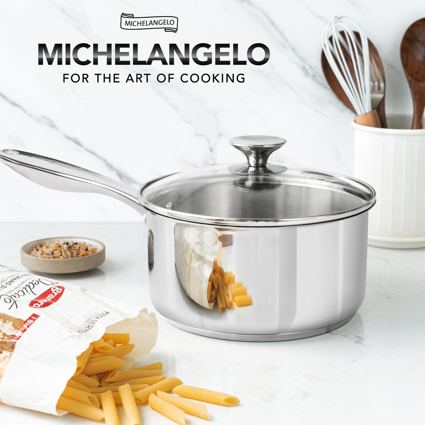 MICHELANGELO 3 Quart Saucepan with Lid, Thick Bottom Sauce Pan Stainless Steel Saucepan with Cover, Nonstick Sauce Pot, Induction Compatible
