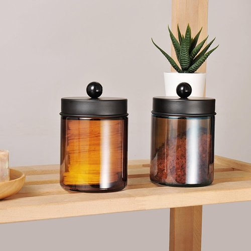 Amolliar Amber Glass Qtip Holder - Stylish Apothecary Jar with Matte Black Lid | 2-Pack Bathroom Organizer for Cotton Swabs and Floss
