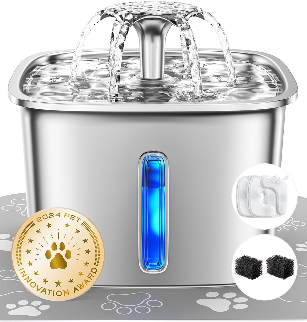Veken Stainless Steel Cat Water Fountain - 95oz Automatic Pet Dispenser with Filters & Mat | Silver