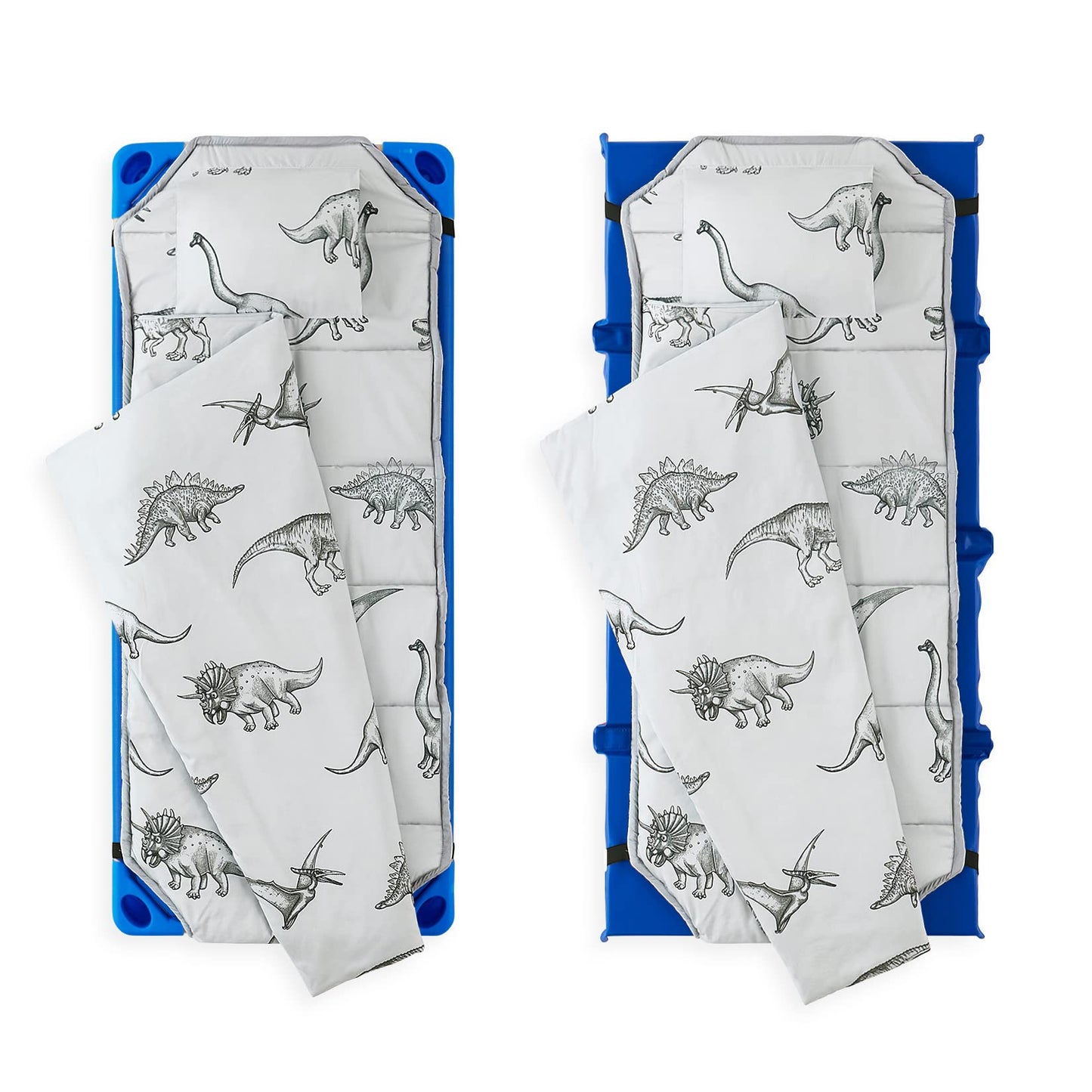 Wake In Cloud - Cot Nap Mat with Pillow and Blanket, for Toddler Kids Boys Girls in Daycare Kindergarten Preschool Pre K with Elastic Corner Straps, Dinosaur Dinos, Grey