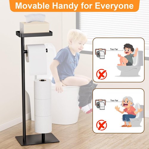 Freestanding Toilet Paper Holder Stand - Rustproof Metal Design with Weighted Base | Holds 4 Spare Rolls & Shelf for Phone
