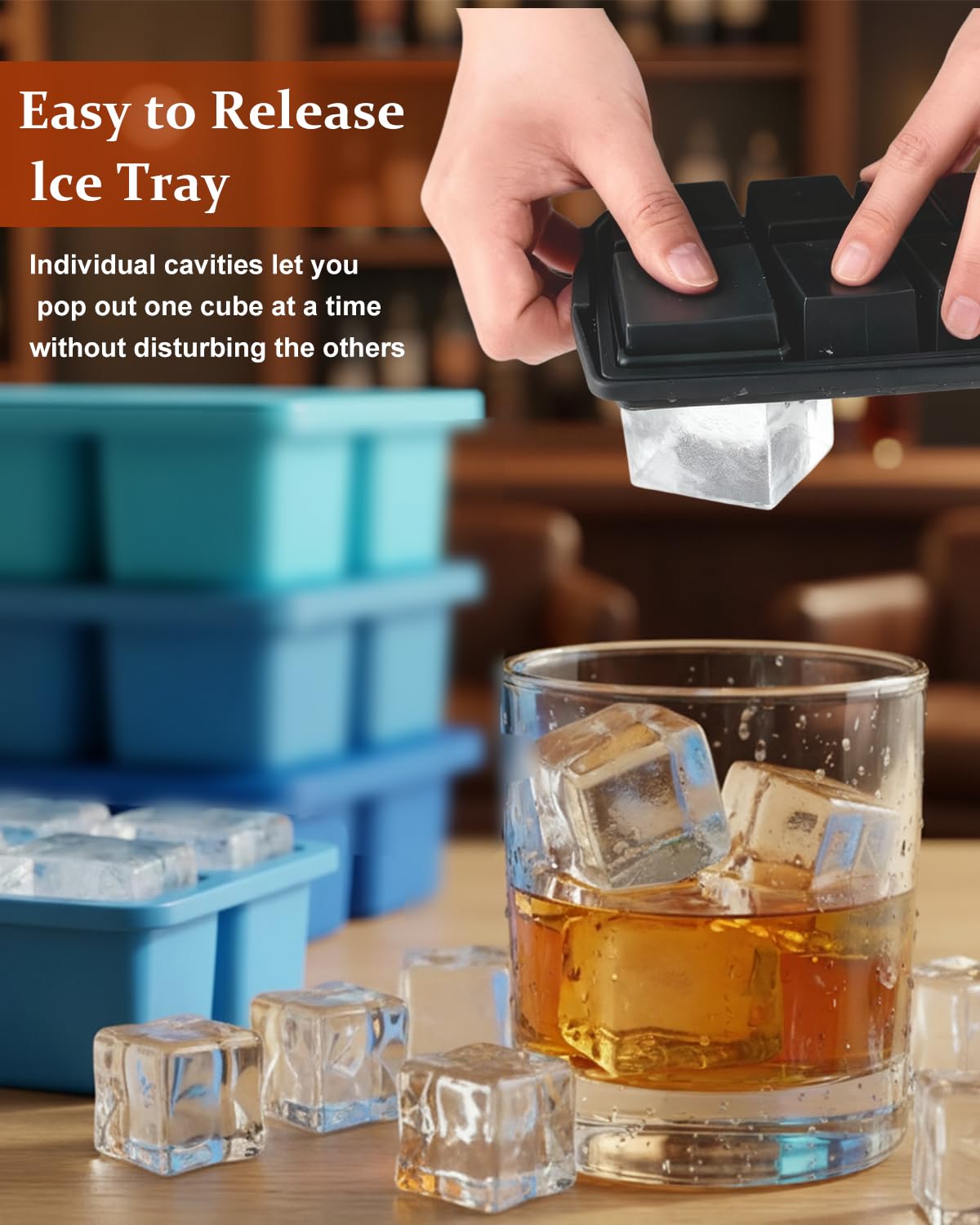 Large Silicone Ice Cube Trays with Lids, ZDPMK 3 Pack Large Ice Cube Molds for Whiskey, Easy-Release 2 Inch Square Big Ice Cube Molds for Freezer, Cocktails, Iced Coffee, Baby Food, Dishwasher-Safe