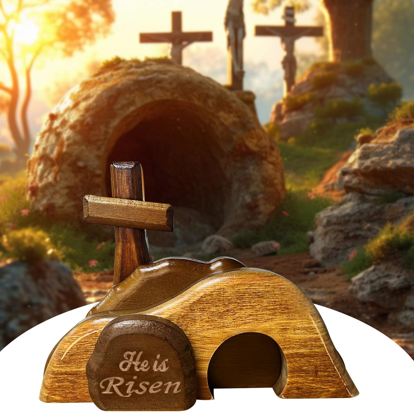 JNYVE Easter Scene Wooden Decorations - Empty Tomb Resurrection Scene and Cross Decor - Jesus Christian Religious Tomb Signs Tiered Tray Decoration for the Home Table Office