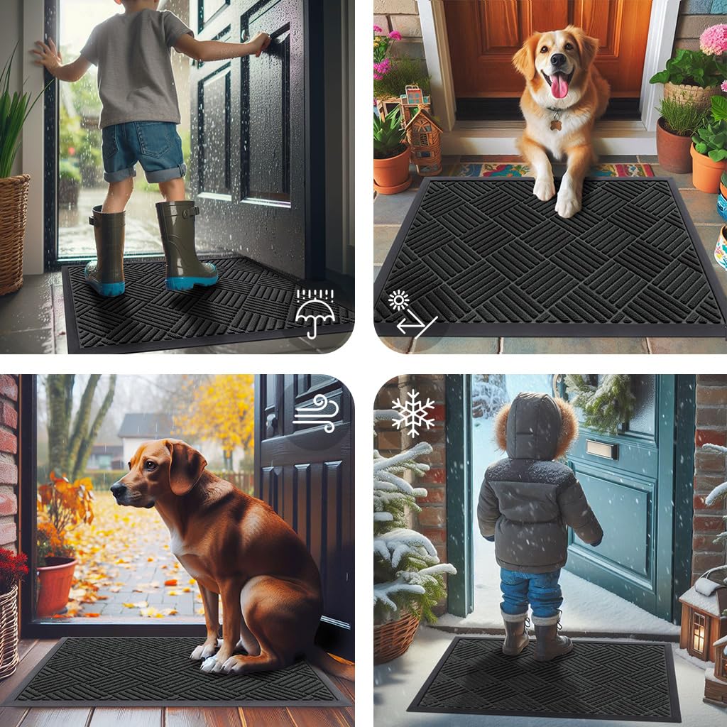 Smiry Front Door Mat Outside Entrance, Heavy Duty Outdoor Indoor Natural Rubber Doormat, Non Slip, Trap Dirt and Moisture, Easy Clean, Low Profile Patio Porch Entryway Mat, 29.5x17, Black