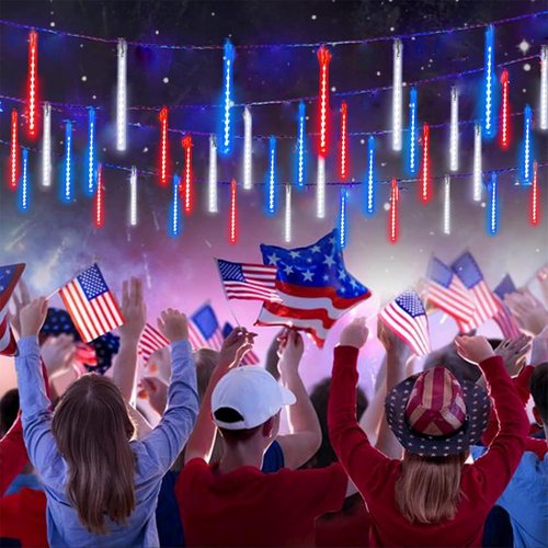 4th of July Decorations Outdoor, USA 250th Anniversary Red White and Blue Solar Meteor Shower Lights, 18 Tubes 432 LEDs Waterproof Patriotic String Lights for Independence National Memorial Day Decor
