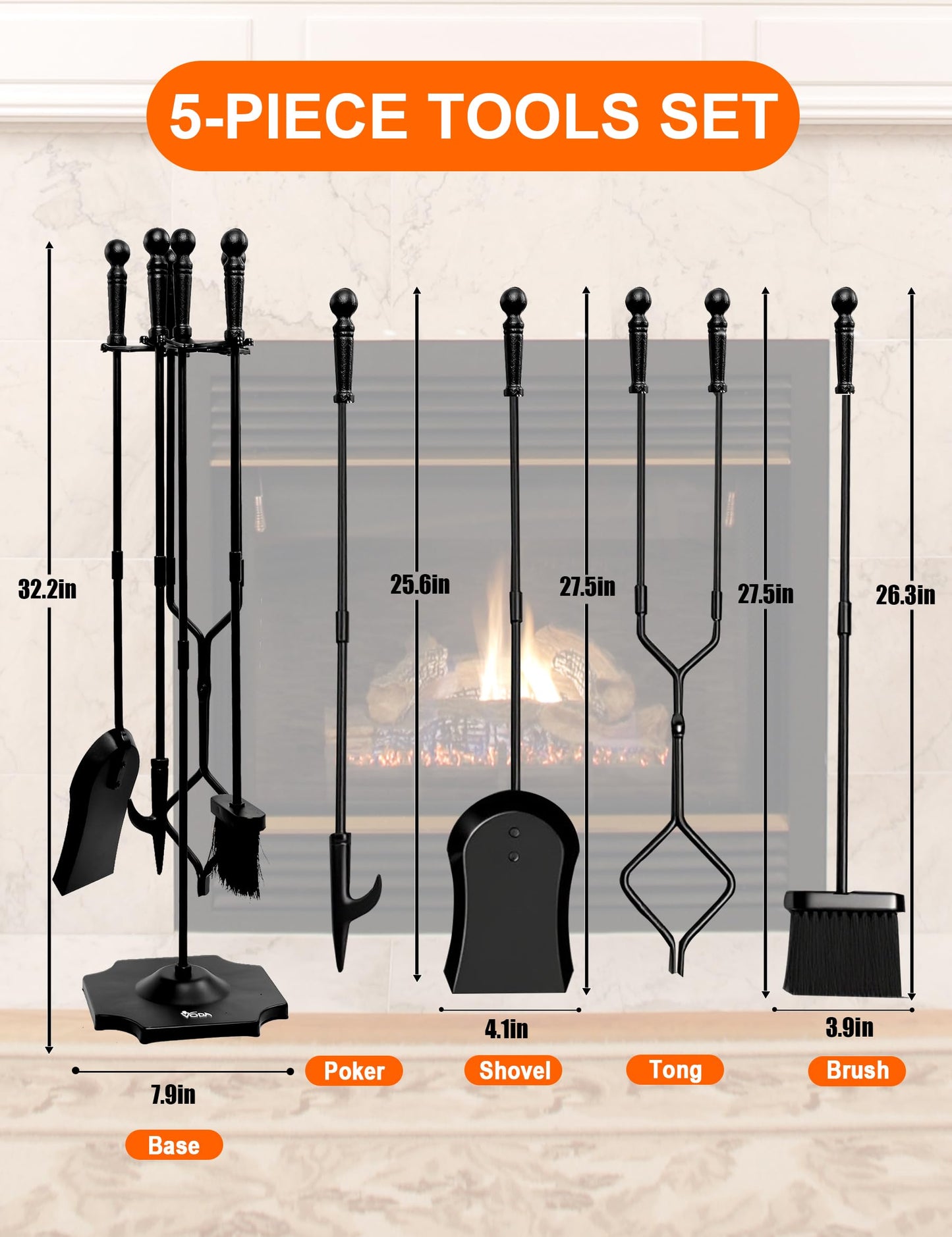 VODA Fireplace Tools Set 5 Pieces 31.5In Cast Iron Indoor Fireside Accessories Large Fire Place Tool Set Outdoor Holder Fire Kit Stand Wood Stove Log Shovel Brush Tong and Fireplace Poker