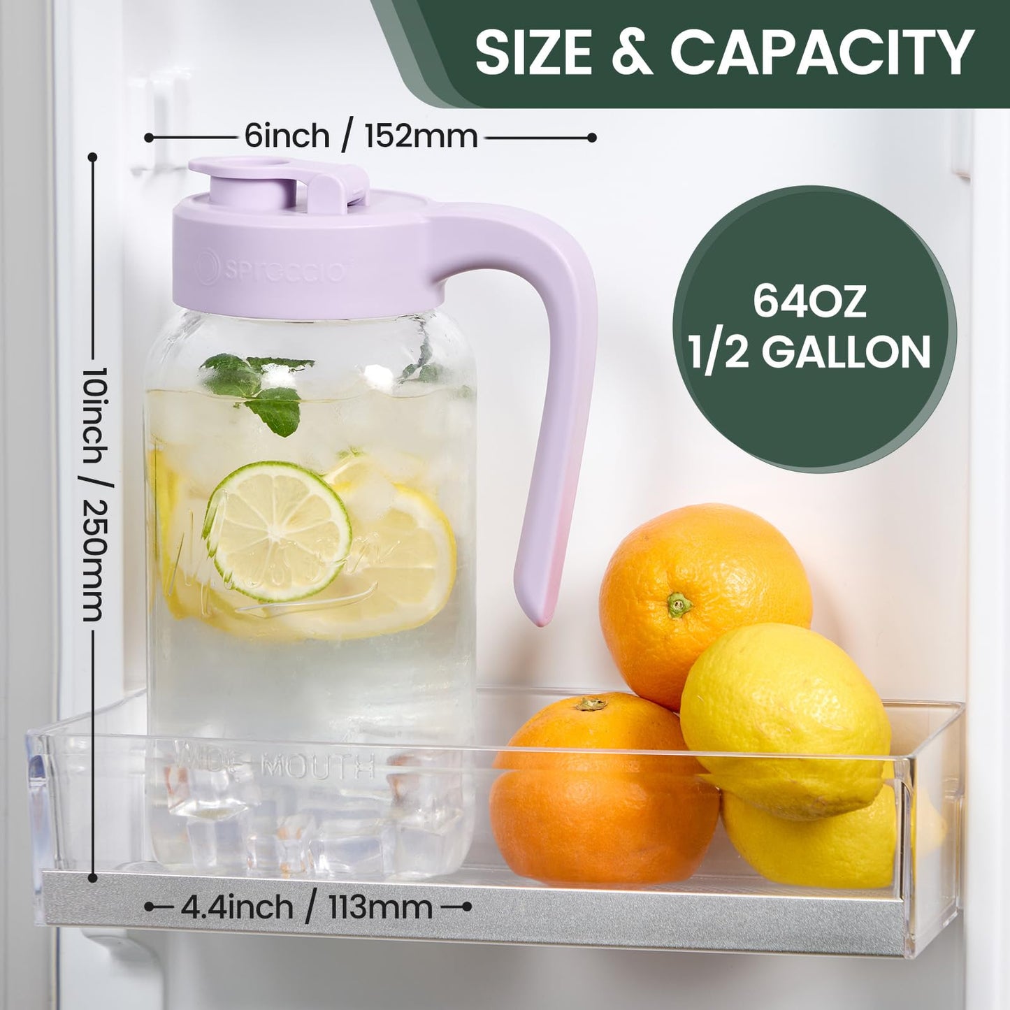 Spreccio Mason Jar Pitcher - Airtight & Leakproof Glass Pitcher with Lid[set of 2], Perfect for Breastmilk, Cold Brew, and Sun Tea, 2 Quart (64 oz) Mason Jar with Pour Spout Lid