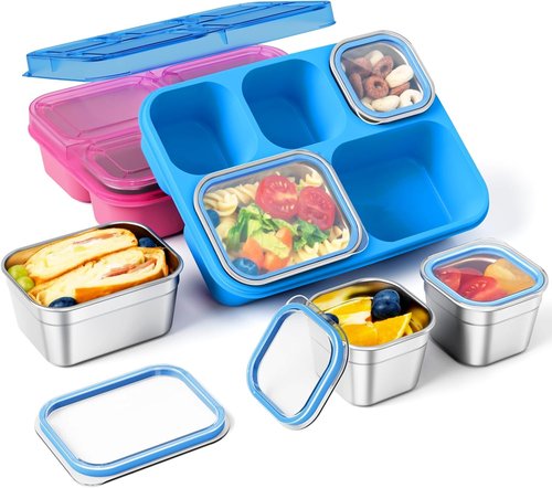 Freshmage Stainless Steel Snack Containers - BPA-Free 5-Compartment Bento Box | 2-Pack Reusable Food Storage (Pink/Blue)