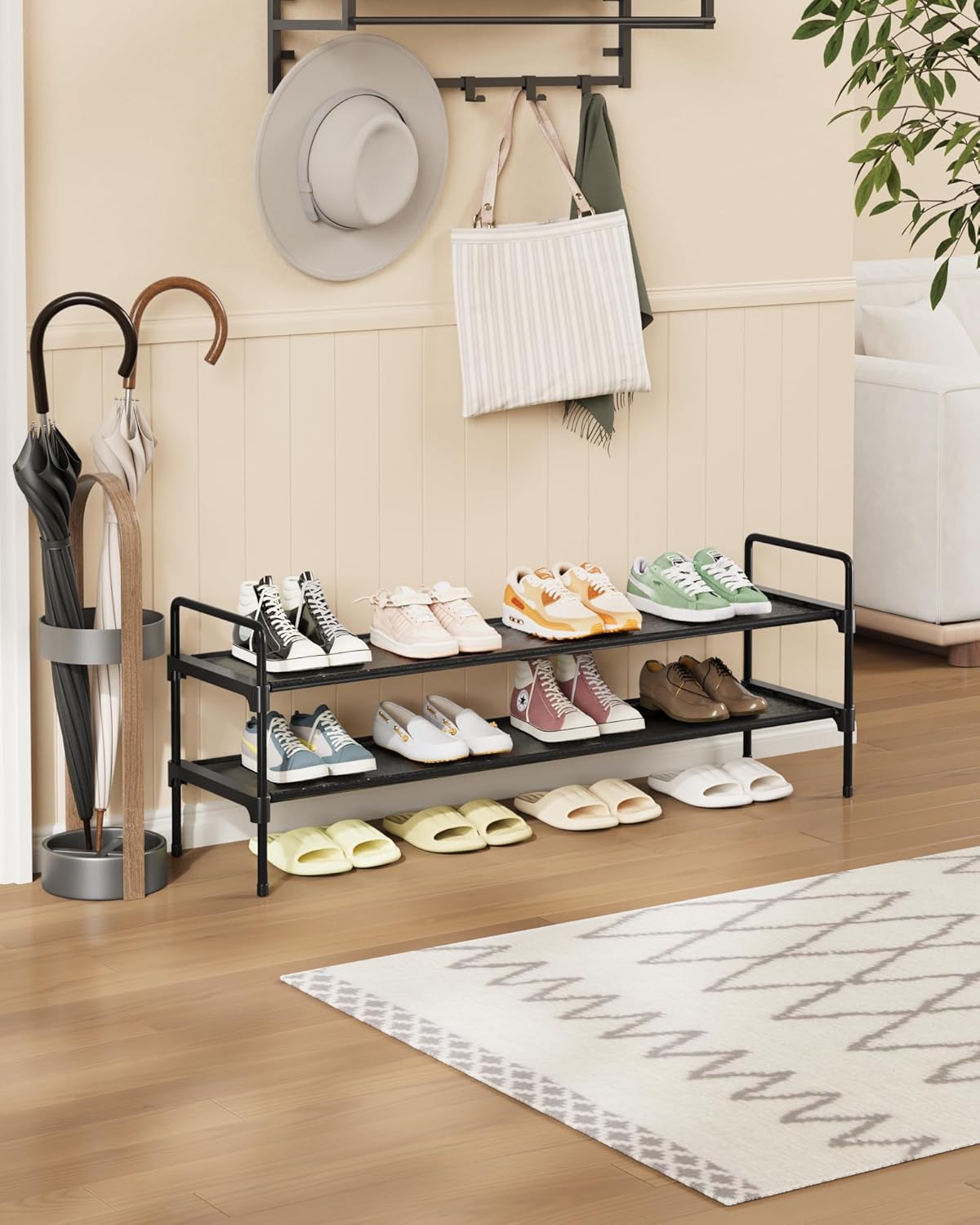 Kitsure Shoe Rack - 2-Tier Long Organizer with Handles & Non-Slip Feet | Rust-Resistant Metal, 36.1" Wide, Black