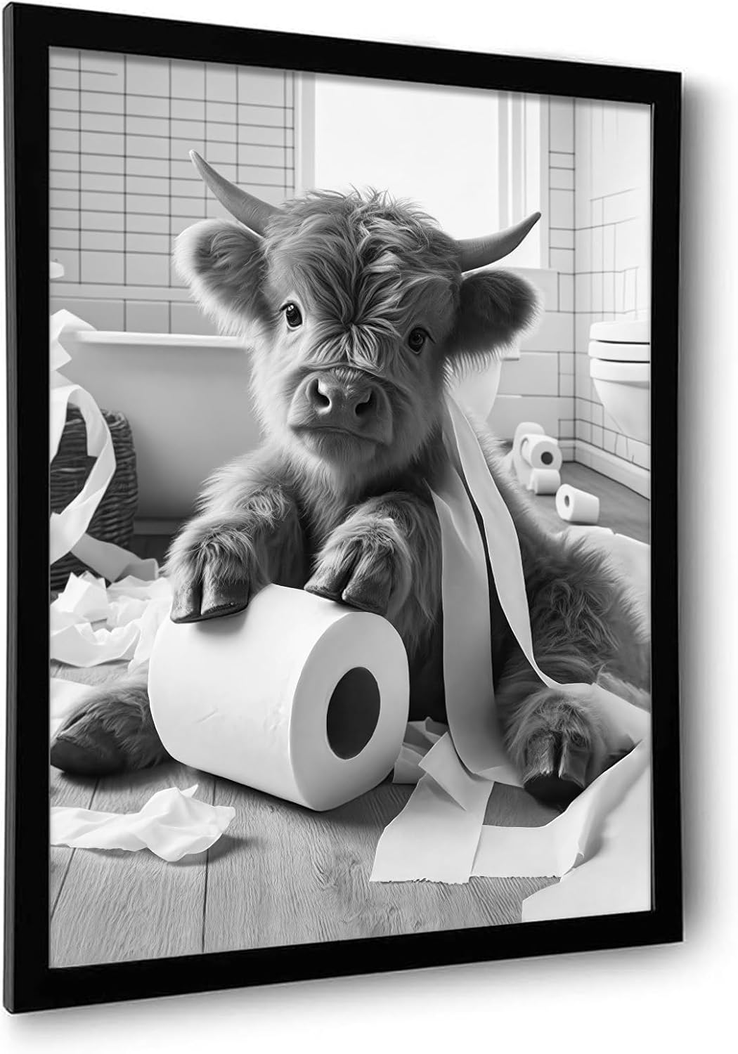 OIQArt Funny Bathroom Wall Art - Black and White Highland Cow Canvas Print | Modern Minimalist Decor