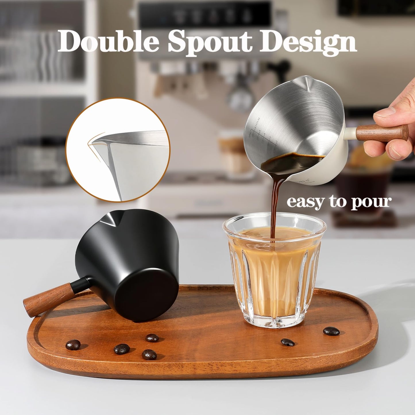 Mongdio Espresso Measuring Cup, Stainless Steel Espresso Shot Cups with Wooden Handle and Double Spouts, 6.8OZ/200ML, White